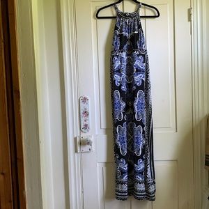 INC Maxi Dress, Size LP, Blue/white/black Paisley Print